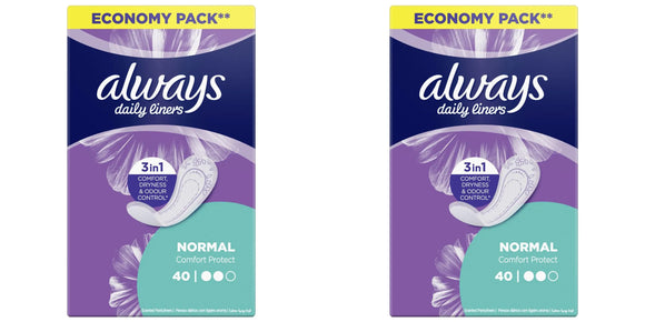 2 x Always Daily Panty Liners Pack Of 40 Normal Comfort Protect Odour Control