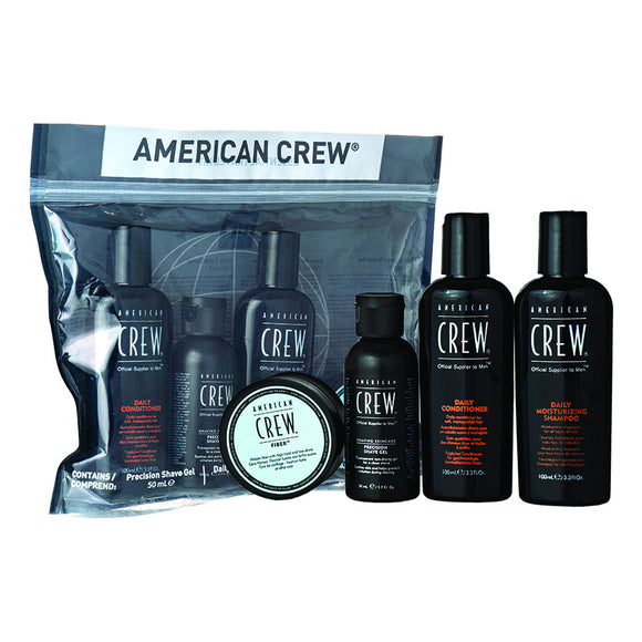 American Crew Essential Travel Kit - Precision Shave Gel 50ml + Daily Moisturizing Shampoo 100ml + Daily Conditioner 100ml + Fiber 50g