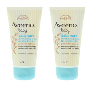 2 x Aveeno Baby Daily Care Moisturising Lotion For Sensitive Skin Prebiotic Oatmeal Unscented 75ml