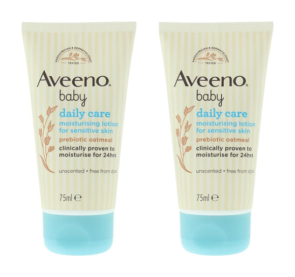 2 x Aveeno Baby Daily Care Moisturising Lotion For Sensitive Skin Prebiotic Oatmeal Unscented 75ml