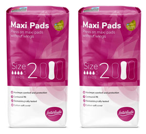 2 x Interlude Press On Maxi Pads Without Wings 20 Pads Cotton Soft Cover - Size 2