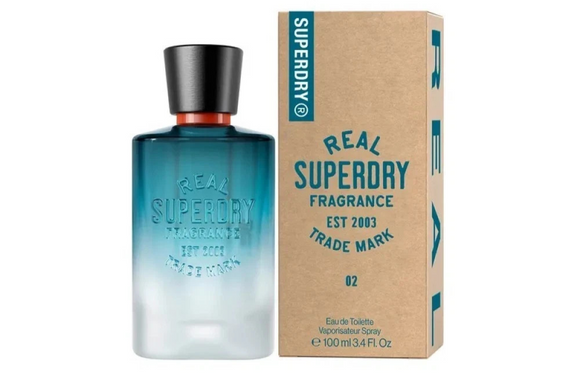 Superdry perfume bottle and packaging on a white background
