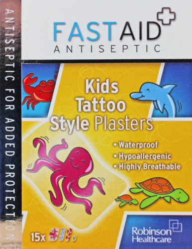 Fast Aid Antiseptic Waterproof Kids Tattoo Style Plasters 15 Assorted