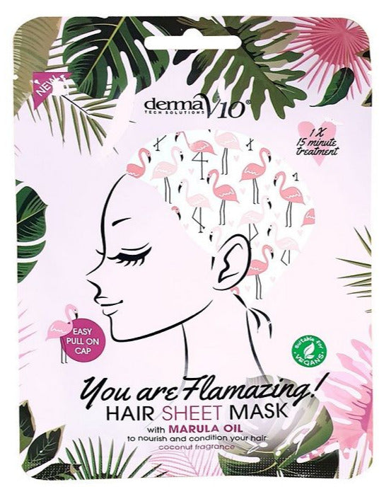 Derma V10 Flamingo Print Hair Sheet Mask Cocunut Fragrance With Marula Oil - Vegan