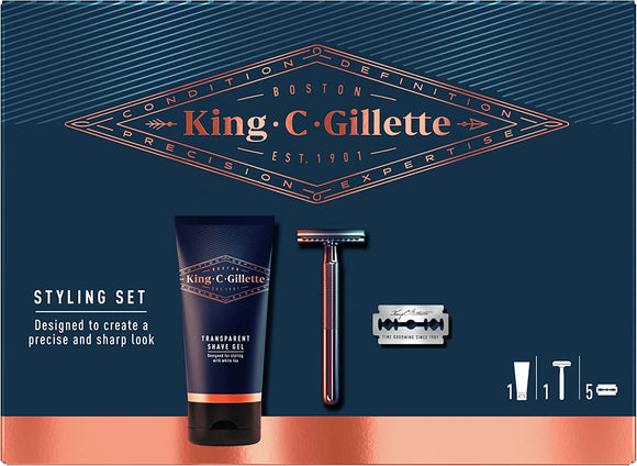 King C Gillette 7 Piece Styling Gift Set - Shave Gel 150ml + Double Edge Razor + 5 Double Edge Razor Blades